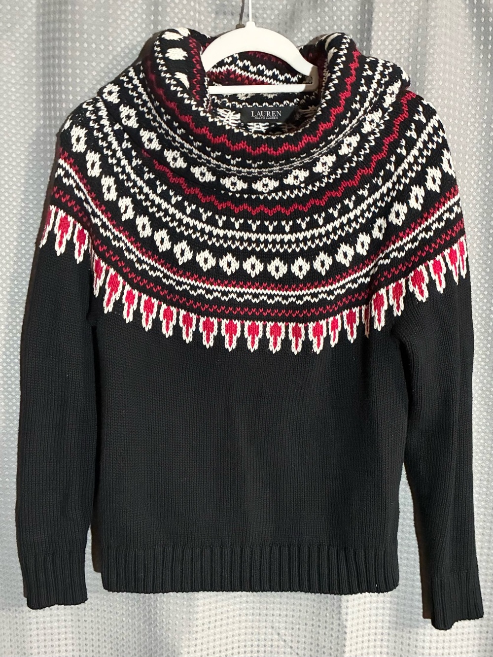 Lauren Ralph Lauren Black Fair Isle Cowl Neck Sweater Red & White Yoke Comfy Coz